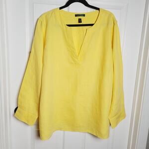 Lauren Ralph Lauren Shirt Womens 2X Yellow Linen Split Neck Long Sleeve Top